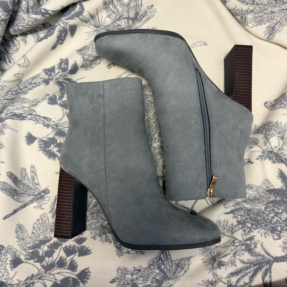 Gray Suede Ankle Booties with Chunky Heel